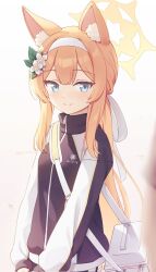 Rule 34 | 1girl, animal ear fluff, animal ears, bag, black jacket, blue archive, blue eyes, blush, breasts, closed mouth, corrupted twitter file, cowboy shot, flower, gym uniform, hair flower, hair ornament, halo, highres, jacket, long hair, long sleeves, looking at viewer, mari (blue archive), mari (track) (blue archive), official alternate costume, orange hair, small breasts, smile, solo, tokoshibyra, white flower, white headwear, yellow halo