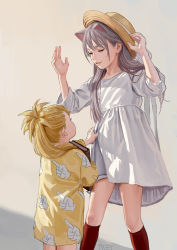 Rule 34 | 2girls, animal ears, artist name, blonde hair, book, brown hat, cat ears, closed eyes, cowboy shot, dress, feet out of frame, feiqizi (fkey), fkey, grey background, handprint, hands up, hat, height difference, highres, holding, holding book, kneehighs, long hair, long sleeves, looking at another, looking up, multiple girls, open mouth, original, red legwear, signature, silver hair, simple background, smile, socks, thighs, white dress, yellow dress