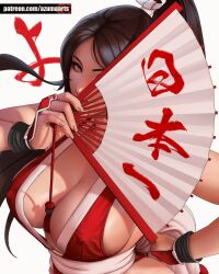 Rule 34 | 1girl, arm guards, azuma yasuo, bare shoulders, breasts, brown eyes, brown hair, cleavage, close-up, closed mouth, collarbone, cropped torso, fatal fury, folded fan, folding fan, hair ornament, hand fan, high ponytail, highres, holding, holding fan, japanese clothes, large breasts, long hair, looking at viewer, ninja, ponytail, portrait, revealing clothes, rope, shiranui mai, sideboob, simple background, snk, solo, the king of fighters, upper body, white background