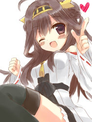 Rule 34 | 10s, 1girl, ;d, ahoge, bare shoulders, black bow, black skirt, black thighhighs, blush, bow, breasts, brown hair, clenched hand, detached sleeves, frilled skirt, frills, headgear, heart, kantai collection, kongou (kancolle), long hair, long sleeves, looking at viewer, medium breasts, natsuki marina, nontraditional miko, one eye closed, open mouth, pointing, red ribbon, ribbon, ribbon-trimmed sleeves, ribbon trim, simple background, sitting, sketch, skirt, smile, solo, thighhighs, white background, wide sleeves, wink, zettai ryouiki