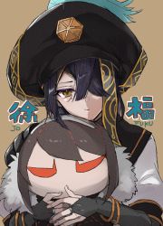 Rule 34 | 1girl, black hair, black hat, bracelet, breasts, bridal gauntlets, brown eyes, chinese clothes, doll, fate/grand order, fate (series), hair over one eye, hat, holding, holding doll, jewelry, long sleeves, looking at viewer, mole, mole under eye, robe, short hair, small breasts, solo, space xu fu (fate), tekuteku aruko, white robe, xu fu (fate), yu mei-ren (fate)