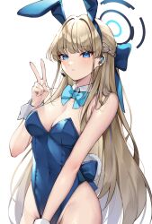 Rule 34 | 1girl, absurdres, animal ears, bare shoulders, blonde hair, blue archive, blue bow, blue eyes, blue hairband, blue leotard, bow, bowtie, braid, breasts, cleavage, closed mouth, detached collar, earpiece, fake animal ears, hairband, halo, hand up, highleg, highleg leotard, highres, leotard, long hair, medium breasts, microphone, mono (mo n mno), official alternate costume, official alternate hairstyle, playboy bunny, rabbit ears, thighs, toki (blue archive), toki (bunny) (blue archive), v, very long hair