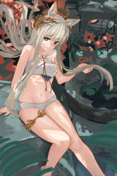 Rule 34 | 1girl, absurdres, animal ear fluff, animal ears, arknights, arm support, artist name, bare shoulders, barefoot, bikini, blush, breasts, brown eyes, closed mouth, collarbone, commentary, criss-cross halter, eyebrows hidden by hair, floating hair, groin, hair between eyes, halterneck, highres, holding, holding own hair, horse ears, laurel crown, long hair, looking at viewer, lyib, medium breasts, midriff, navel, official alternate costume, platinum (arknights), platinum (shimmering dew) (arknights), rock, sidelocks, silver hair, sitting, smile, solo, swimsuit, thighlet, tree, tree shade, very long hair, white bikini