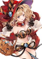 Rule 34 | bandeau, breasts, candy, cleavage, food, granblue fantasy, halloween, halloween costume, hat, highres, jack-o&#039;-lantern, pumpkin, red hat, solo, soraneko hino, stomach, thighs, twintails, witch, witch hat, zeta (granblue fantasy), zeta (halloween) (granblue fantasy)