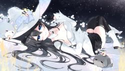 Rule 34 | black hair, black thighhighs, blue eyes, boots, closed mouth, detached collar, full body, hat, highres, indie virtual youtuber, long hair, long sleeves, looking at viewer, lying, miel honeybun, on back, pleated skirt, rabbit, seol (teacuppity), skirt, smile, thighhighs, virtual youtuber, witch hat