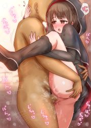 Rule 34 | 1boy, 1girl, ass, ass grab, asutorii, bald male, blush, boots, bottomless, brown eyes, brown hair, commentary request, faceless, faceless male, heart, hetero, highres, hood, hug, kantai collection, leg up, open mouth, pussy juice, sex, shinshuu maru (kancolle), simple background, spoken heart, standing, standing missionary, standing sex