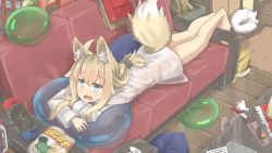 Rule 34 | 1girl, absurdres, ahoge, animal ear fluff, animal ears, aqua eyes, barefoot, blonde hair, controller, couch, fang, fox ears, fox girl, fox tail, game console, game controller, hair between eyes, hair over shoulder, highres, hinbackc, indoors, long shirt, long sleeves, low ponytail, lying, no pants, on couch, on stomach, open mouth, original, scenery, shirt, slime (creature), snack, solo, tail, tail raised, white shirt, wooden floor