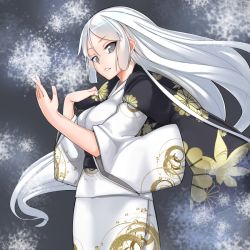 Rule 34 | 1girl, black theme, breasts, floral print, gold, grey eyes, japanese clothes, kimono, long hair, looking at viewer, pale skin, smile, snow, white hair, white theme