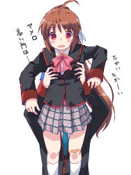 Rule 34 | 1boy, 1girl, ahoge, akayama yukihe, arms up, bandaid, bandaid on knee, bandaid on leg, black jacket, blazer, blush, bow, breasts, brother and sister, brown hair, commentary, feet out of frame, frown, grabbing, grabbing another&#039;s breast, grey background, grey skirt, hair between eyes, highres, jacket, kneehighs, lifting person, little busters!, little busters! school uniform, long hair, long sleeves, looking down, miniskirt, natsume kyousuke, natsume rin, open mouth, pink bow, plaid, plaid skirt, pleated skirt, ponytail, red eyes, school uniform, siblings, sidelocks, simple background, skirt, small breasts, socks, solo focus, translated, very long hair, white socks