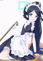 Rule 34 | &lt;key&gt; (robot) (blue archive), 1girl, absurdres, apron, aris (blue archive), aris (maid) (blue archive), arm support, black hair, blue archive, blue eyes, bucket, commentary request, feza chen (ushaku), forehead, frilled apron, frills, halo, highres, long hair, looking at viewer, maid, maid apron, maid headdress, parted bangs, short sleeves, side ponytail, sidelocks, simple background, solo, stick, tripping, water, wet, wet clothes, white apron, wooden floor