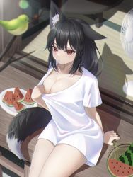 Rule 34 | 1girl, animal ear fluff, animal ears, bird, black hair, blush, braid, breasts, cleavage, clothes pull, commentary request, ear down, electric fan, food, fox ears, fox girl, fox tail, fruit, hair between eyes, hand fan, highres, holding, holding fan, hololive, kurokami fubuki, large breasts, long hair, looking at viewer, nekorone0222, paper fan, pout, red eyes, shadow, shirt, shirt pull, short sleeves, sidelocks, single braid, sitting, solo, tail, virtual youtuber, watermelon, white shirt