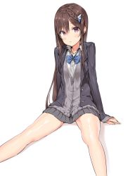 Rule 34 | 1girl, black jacket, blazer, blue bow, blush, bow, braid, brown hair, cardigan, cocoa music, collared shirt, commentary request, diagonal stripes, doumyouji cocoa, dress shirt, earrings, grey cardigan, grey skirt, hair between eyes, hair ornament, head tilt, highres, hinako (anzu15), jacket, jewelry, long hair, long sleeves, looking at viewer, open clothes, open jacket, pleated skirt, red eyes, school uniform, shadow, shirt, sitting, skirt, sleeves past wrists, solo, striped, striped bow, very long hair, virtual youtuber, white background, white shirt