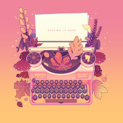 Rule 34 | artist name, autumn, autumn leaves, commentary, english commentary, english text, gradient background, highres, mushroom, no humans, object focus, orange background, original, paper, plant, red background, snowlattes, sparkle, star (symbol), typewriter
