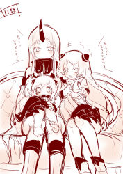 Rule 34 | 10s, 3girls, abyssal ship, airfield princess, barefoot, detached sleeves, horns, kantai collection, long hair, monochrome, multiple girls, northern ocean princess, pointing, seaport princess, single horn, sitting, tobi (one), translation request