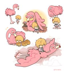 Rule 34 | 1boy, aged down, animalization, ascot, bird, black ascot, brothers, cabbage, chibi, child, cloud, donquixote doflamingo, donquixote rocinante, eating, flamingo, flying, hair over eyes, heart, highres, male focus, one piece, pink shirt, pizimoth, shirt, siblings, simple background, smile, sunglasses, twitter username, white background