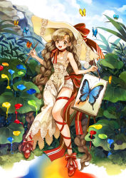 Rule 34 | 1girl, :d, apple972, art brush, braid, brown eyes, brown hair, bug, butterfly, canvas (object), cross-laced footwear, dress, easel, hat, insect, inzup, leaf, long hair, looking at viewer, open mouth, original, paint, paintbrush, ribbon, shoes, smile, solo, twin braids, very long hair, yellow hat