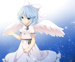 Rule 34 | 1girl, angel wings, bad id, bad pixiv id, blue eyes, blue hair, dress, ellipsis (mitei), gradient background, hair ribbon, hand up, light particles, looking at viewer, mai (touhou), matching hair/eyes, open hand, puffy short sleeves, puffy sleeves, ribbon, short hair, short sleeves, simple background, skirt hold, smile, solo, touhou, touhou (pc-98), white dress, wings