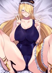 Rule 34 | 1girl, absurdres, blonde hair, bloodstained: ritual of the night, bloodstained (series), blue eyes, crying, dominique (bloodstained), double v, glasses, hair over one eye, hat, high heels, highres, looking at viewer, on bed, one-piece swimsuit, one eye covered, school swimsuit, solo, swimsuit, tears, v
