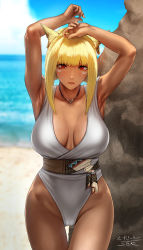 Rule 34 | 1girl, animal ears, armpits, arms up, beach, belt, blonde hair, blush, boulder, breasts, commission, dark-skinned female, dark skin, facial mark, female focus, final fantasy, final fantasy xiv, groin, highres, jewelry, large breasts, looking at viewer, miqo&#039;te, necklace, ocean, one-piece swimsuit, red eyes, sgk, skeb commission, solo, square enix, swimsuit, warrior of light (ff14), white one-piece swimsuit