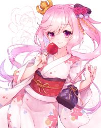 Rule 34 | 1girl, azur lane, candy apple, closed mouth, collarbone, commentary request, crown, floral background, floral print, flower, food, hair flower, hair ornament, hands up, holding, holding food, japanese clothes, juno (azur lane), juno (fairly flavourful festival) (azur lane), kimono, long hair, long sleeves, mini crown, obi, paw print, pink kimono, red flower, red rose, rose, sash, shichijou natori, sidelocks, smile, solo, tilted headwear, twintails, very long hair, wide sleeves