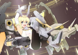 Rule 34 | 1girl, :d, absurdres, armpits, bare shoulders, baselard, black pantyhose, blonde hair, blush, breasts, commentary, elbow gloves, floating, floating hair, frame arms girl, full body, gloves, green eyes, hair between eyes, headgear, highres, leotard, long hair, looking at viewer, mecha musume, open mouth, pantyhose, sidelocks, small breasts, smile, solo, sudhiro sappurisa, thrusters, white gloves, white leotard