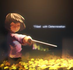 Rule 34 | androgynous, brown hair, chromatic aberration, closed eyes, english text, flower bed, frisk (undertale), gender request, highres, knife, legeh, pointing, shirt, short hair, solo, striped clothes, striped shirt, undertale