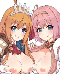 Rule 34 | 2girls, :q, ahoge, blue eyes, blush, braid, breasts, breasts out, closed mouth, commentary request, fingernails, gloves, hairband, hands on own breasts, k-y, large breasts, long hair, looking at viewer, multiple girls, nipples, orange hair, pecorine (princess connect!), pink hair, princess connect!, short hair, simple background, single braid, smile, tiara, tongue, tongue out, upper body, white background, white gloves, yui (princess connect!)