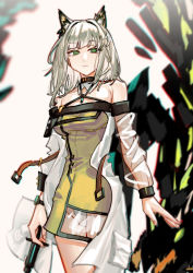 Rule 34 | 1girl, absurdres, animal ear fluff, animal ears, arknights, bare shoulders, bright pupils, cat ears, chromatic aberration, closed mouth, coat, commentary request, cowboy shot, detached collar, dress, expressionless, green dress, green eyes, highres, holding, holding syringe, kal&#039;tsit (arknights), material growth, medium hair, mon3tr (arknights), off-shoulder dress, off shoulder, open clothes, open coat, oripathy lesion (arknights), panties, red pupils, renxzd, see-through, see-through skirt, see-through sleeves, skirt, solo, syringe, underwear, white background, white coat, white hair, white panties, white pupils