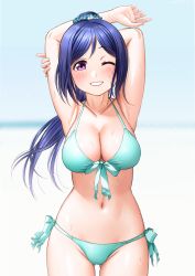 Rule 34 | 1girl, aqua bikini, arms up, beach, bikini, blue hair, blurry, blurry background, blush, breasts, cleavage, collarbone, commentary, day, gluteal fold, grin, halterneck, highres, large breasts, long hair, looking at viewer, love live!, love live! sunshine!!, matsuura kanan, navel, ocean, one eye closed, outdoors, parted bangs, purple eyes, side-tie bikini bottom, smile, solo, standing, stretching, string bikini, swimsuit, symbol-only commentary, teeth, yonsi
