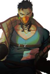 Rule 34 | 1boy, apex legends, bara, black eyes, black hair, blue shirt, chinese commentary, collarbone, crypto (apex legends), grey jacket, highres, jacket, large pectorals, looking at viewer, machine language crypto, male focus, mask, mole, mole under eye, mouth mask, muscular, muscular male, off shoulder, official alternate costume, pectorals, shirt, solo, undercut, v-shaped eyebrows, yitiao da shu