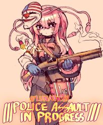 Rule 34 | 1girl, alternate costume, american flag, black vest, english text, gloves, gun, hata no kokoro, highres, holding, holding gun, holding weapon, mask, mask on head, payday (series), pink background, pink eyes, pink hair, pink ribbon, pump action, rampa93, ribbon, rubber gloves, shotgun shell, solo, touhou, vest, weapon