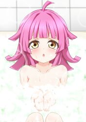 Rule 34 | 1girl, absurdres, ahoge, bathing, bathtub, blunt bangs, blunt ends, blush, breasts, blowing bubbles, chestnut mouth, collarbone, commentary, dot nose, foam, highres, indoors, kinnikku, looking at viewer, love live!, love live! nijigasaki high school idol club, nude, partially submerged, pink hair, short hair, small breasts, soap bubbles, solo, tennoji rina, wall, water, wet, yellow eyes