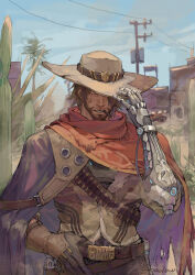 Rule 34 | 1boy, absurdres, artist name, beard, belt, black gloves, brown belt, brown hair, cassidy (overwatch), cigarette, cloud, cowboy hat, day, facial hair, gloves, grey shirt, hat, highres, male focus, mechanical arms, outdoors, overwatch, overwatch 1, poncho, red poncho, shadowyahaha, shirt, short hair, single glove, single mechanical arm, sky, solo, teeth