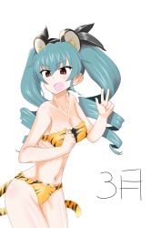 Rule 34 | 1girl, absurdres, anchovy (girls und panzer), animal ears, animal print, bare shoulders, bikini, black ribbon, brown eyes, commentary, drill hair, fake animal ears, fake tail, girls und panzer, green hair, hair ribbon, highres, long hair, looking to the side, mochi (mochiokomet), navel, open mouth, print bikini, ribbon, simple background, smile, solo, standing, strapless, strapless bikini, swimsuit, tail, tiger ears, tiger print, tiger tail, translated, twin drills, twintails, w, white background, yellow bikini
