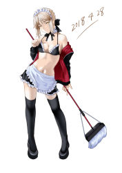 Rule 34 | 1girl, 2018, absurdres, alternate costume, apron, artoria pendragon (all), artoria pendragon (alter swimsuit rider) (fate), artoria pendragon (alter swimsuit rider) (second ascension) (fate), artoria pendragon (fate), bikini, bikini under clothes, black ribbon, black thighhighs, blonde hair, blush, braid, breasts, cleavage, contrapposto, dated, enmaided, fate/grand order, fate (series), french braid, hair ribbon, highres, jacket, jacket over swimsuit, maid, maid headdress, medium breasts, mop, navel, neck ribbon, off shoulder, ribbon, saber (fate), saber alter, shiki (love-saber), solo, standing, strap gap, swimsuit, swimsuit under clothes, thighhighs, white background, yellow eyes