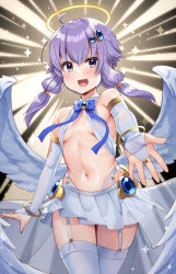 Rule 34 | 1girl, :d, ahoge, alternate costume, backlighting, bangle, bare shoulders, blue bow, blue bowtie, blue gemstone, blue nails, blush, bow, bowtie, bracelet, breasts, breasts apart, bridal gauntlets, brooch, commentary request, cowboy shot, feathered wings, garter straps, gem, hair ornament, halo, highres, jewelry, looking at viewer, low wings, miniskirt, nail polish, navel, open mouth, outstretched arm, pleated skirt, purple eyes, purple hair, revealing clothes, short hair with long locks, sidelocks, skirt, small breasts, smile, solo, sparkle, stomach, tenneko yuuri, thighhighs, voiceroid, white skirt, white thighhighs, white wings, wings, yuzuki yukari, zettai ryouiki