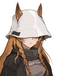 Rule 34 | 1girl, animal ears, arknights, black jacket, blush, braid, breasts, brown hair, ceobe (arknights), ceobe (unfettered) (arknights), closed mouth, commentary request, dog ears, dog girl, ears through headwear, hat over eyes, jacket, jason kim, long hair, official alternate costume, oversized clothes, simple background, solo, twin braids, white background, white headwear