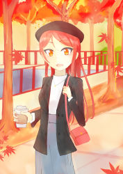 Rule 34 | 1girl, absurdres, artist name, artist request, autumn, autumn leaves, bag, black headwear, black jacket, blue skirt, blush, brown eyes, brown hair, carrying, carrying bag, cloud, cup, female focus, highres, holding, holding cup, jacket, jewelry, leaves, long hair, looking at viewer, love live!, love live! sunshine!!, necklace, orange sky, outdoors, parted lips, pendent, raphael00, red hair, sakurauchi riko, shirt, skirt, sky, smile, solo, tree, white shirt, yellow eyes