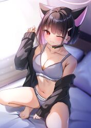 Rule 34 | 1girl, bare shoulders, barefoot, black choker, black hair, black jacket, blue archive, blush, bra, breasts, choker, cleavage, closed mouth, collarbone, colored inner hair, grey bra, grey panties, hair ornament, halo, hand up, highres, indoors, jacket, katsushika pachi, kazusa (blue archive), large breasts, long sleeves, looking at viewer, multicolored hair, off shoulder, one eye closed, open clothes, open jacket, paid reward available, panties, pink hair, pink halo, red eyes, short hair, solo, squatting, thighs, two-tone hair, underwear