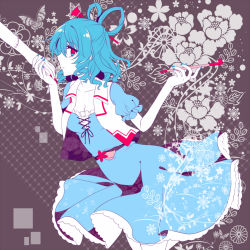 Rule 34 | 1girl, :/, album cover, blue dress, blue hair, blue nails, breasts, closed mouth, collared jacket, commentary, cover, dress, drill hair, fingernails, frilled dress, frills, hair ornament, hair rings, hair stick, hands up, holding, holding hands, holding smoking pipe, jacket, kaku seiga, looking at viewer, medium breasts, miyako yoshika, nail polish, open clothes, open jacket, red eyes, red nails, shino (mijinko), sideways glance, smoking pipe, solo, touhou, white jacket