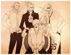 Rule 34 | 1girl, 4boys, brother and sister, brothers, glasses, goatee, hair over one eye, handcuffs, monochrome, multiple boys, one piece, sanji (one piece), siblings, sitting, sunglasses, tattoo, vinsmoke family, vinsmoke ichiji, vinsmoke niji, vinsmoke reiju, vinsmoke yonji