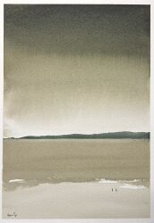 Rule 34 | 2others, day, field, grey sky, highres, horizon, lake, mouen tw, mountain, multiple others, original, painting (medium), scenery, shore, sky, traditional media, watercolor (medium), white sky