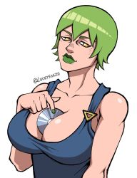 Rule 34 | 1girl, artist name, between breasts, breasts, cd, foo fighters (jojo), green hair, green lips, highres, jojo no kimyou na bouken, large breasts, luckyshazo, object between breasts, overalls, solo, stone ocean