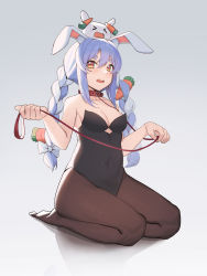 Rule 34 | &gt; &lt;, 1girl, absurdres, animal collar, animal ear fluff, animal ears, bad id, bad pixiv id, bare arms, bare shoulders, black leotard, blue hair, bow, braid, breasts, brown pantyhose, carrot hair ornament, cleavage, collar, collarbone, commentary, commentary request, covered navel, creature, creature on head, ears down, english commentary, food-themed hair ornament, full body, grey background, hair between eyes, hair bow, hair ornament, highres, holding, holding leash, hololive, jmao, leash, leotard, long hair, looking at viewer, multicolored hair, open mouth, orange eyes, pantyhose, pekomon (usada pekora), playboy bunny, rabbit-shaped pupils, rabbit ears, rabbit girl, red collar, seiza, shadow, short eyebrows, sidelocks, simple background, sitting, small breasts, strapless, strapless leotard, symbol-shaped pupils, tears, thick eyebrows, twin braids, twintails, two-tone hair, usada pekora, usada pekora (1st costume), virtual youtuber, white bow, white hair