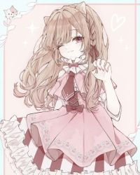 Rule 34 | 1girl, animal ears, braid, brown hair, cat, cat ears, dress, hand up, looking at viewer, nail polish, one eye closed, original, paw pose, pink dress, red eyes, red nails, red neckwear, simple background, solo, yuni 0205