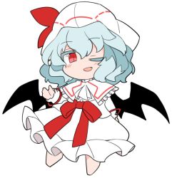 Rule 34 | 1girl, ;d, bat wings, blue hair, capelet, chibi, curiosities of lotus asia, dress, fang, full body, hat, hat ribbon, ini (inunabe00), light blue hair, long sleeves, looking at viewer, one eye closed, open mouth, red eyes, red ribbon, remilia scarlet, ribbon, short hair, simple background, smile, solo, touhou, white background, white capelet, white dress, white hat, wings