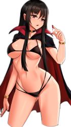 Rule 34 | 1girl, absurdres, bikini, black bikini, black cape, black choker, black hair, blood, blood on hands, bracelet, breasts, cape, choker, clyde s, commentary, cowboy shot, cropped legs, english commentary, highres, jewelry, large breasts, looking at viewer, multi-strapped bikini, navel, open mouth, original, pointy ears, red cape, red eyes, sidelocks, simple background, solo, standing, straight hair, string bikini, swimsuit, two-sided cape, two-sided fabric, white background