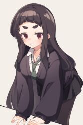 Rule 34 | 1girl, black hair, black skirt, black sweater, blush, breasts, brown pantyhose, collarbone, collared shirt, commentary request, green necktie, grey background, grin, kuranami shiki, long hair, long sleeves, looking at viewer, medium breasts, natsuki teru, necktie, original, pantyhose, pleated skirt, puffy long sleeves, puffy sleeves, red eyes, shirt, short eyebrows, simple background, skirt, sleeves past wrists, smile, solo, sweater, thick eyebrows, v-shaped eyebrows, very long hair, white shirt