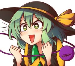 Rule 34 | + +, 1girl, :&gt;, :d, black hat, blush, clenched hands, collar, commentary, commission, english commentary, excited, eyelashes, frilled collar, frilled sleeves, frills, green eyes, green hair, hair between eyes, hands up, happy, hat, hat ribbon, komeiji koishi, light blush, long sleeves, looking to the side, open mouth, portrait, ribbon, shirt, short hair, simple background, smile, solo, sparkling eyes, third eye, touhou, white background, wide sleeves, wool (miwol), yellow ribbon, yellow shirt