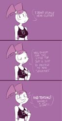 Rule 34 | 1girl, absurdres, android, blush, breasts, comic, english text, eyebrows, herny, highres, jenny wakeman, machine, my life as a teenage robot, open mouth, robot, shirt, solo, tank top, text focus, twintails
